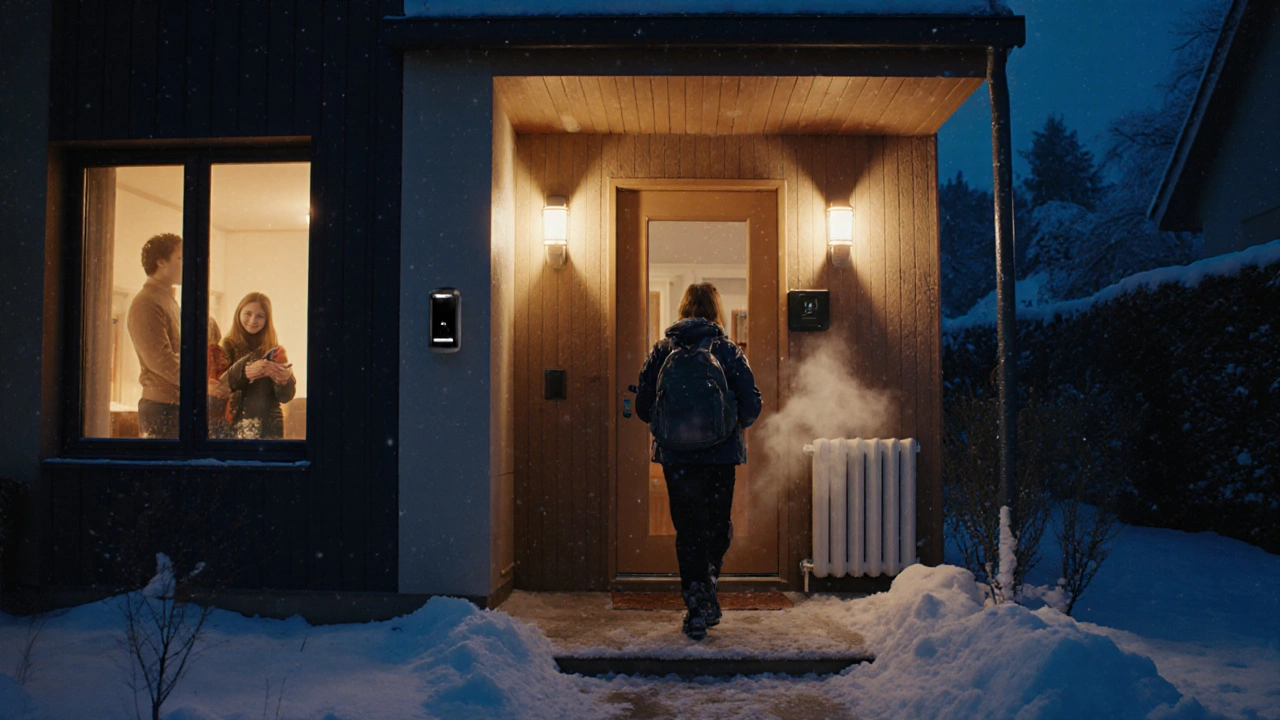 Rodina se vrací domů v zimě, chytré systémy automaticky zahřívají dům a kamera na dveřích zobrazuje jejich obraz.
