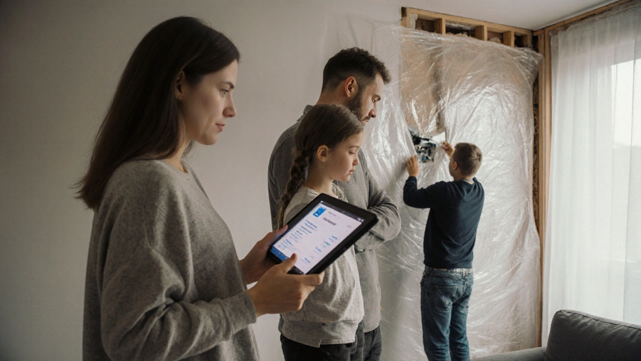 Rodina sleduje rozpočet na tabletu, zatímco dělník objevuje skrytou úškodbu ve zdi.