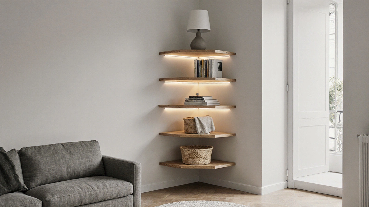 Rohová police s košíky a knihami v malém bytě s teplým LED osvětlením a neutrálními textilmi.