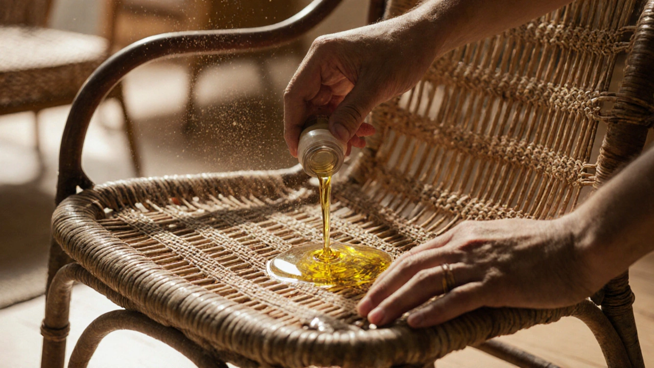 Ruce aplikují přírodní olej na ratanový křeslo v teplém osvětlení.