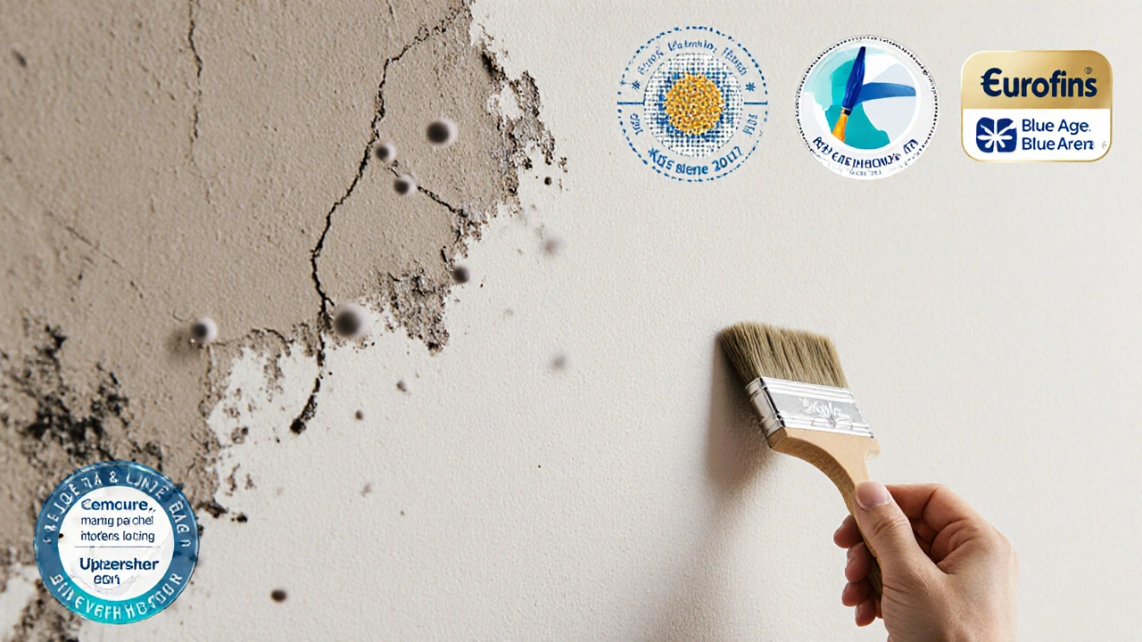 Ruka aplikuje silikátovou barvu na stěnu, která se transformuje z plísnivé na čistou minerální povrch.