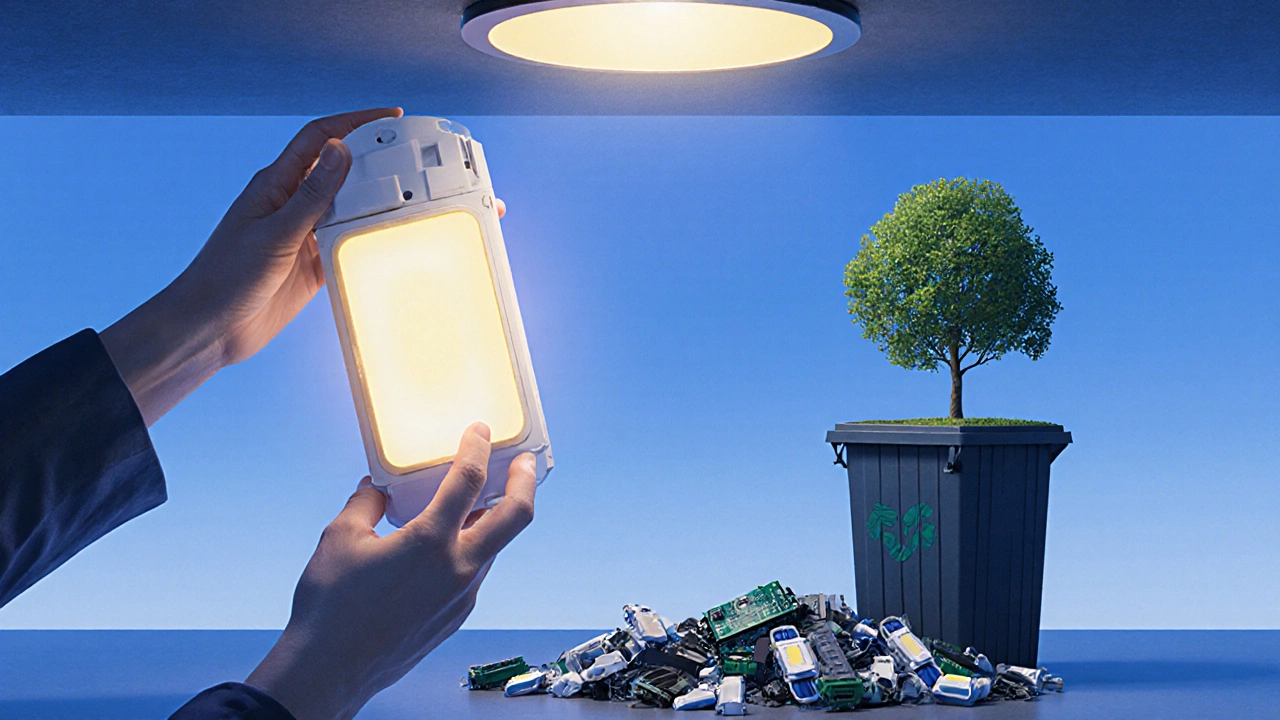 Ruky odstraňují LED modul, zatímco zbytky neopravitelných svítidel mizí v odpadu pod stromem.