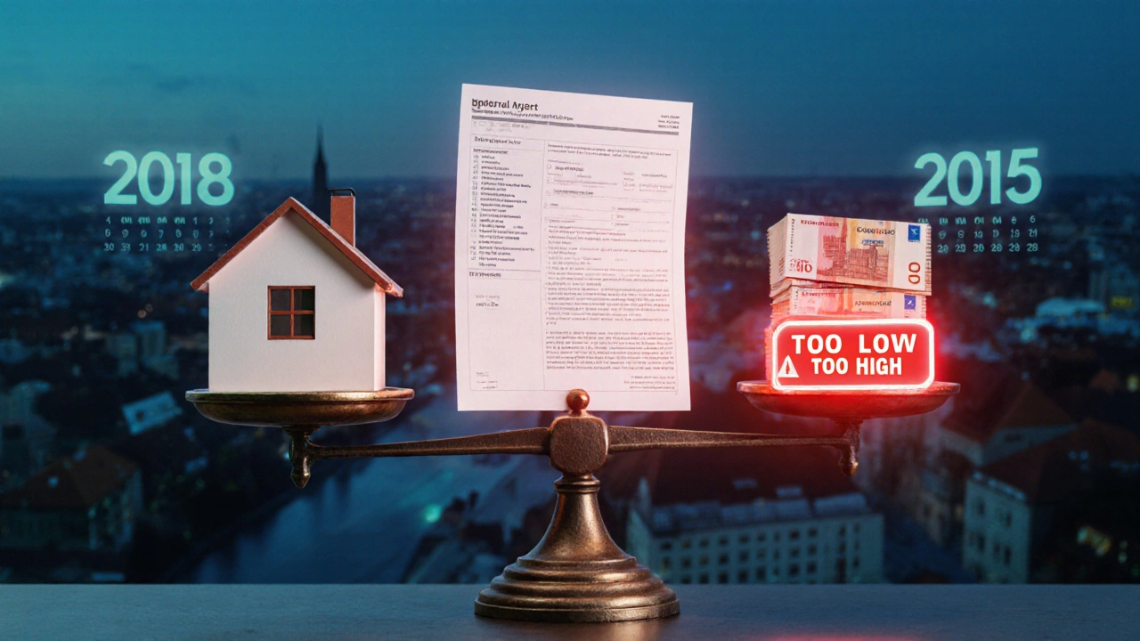 Scales of justice balanced by a house and money, with expert appraisal as central point.