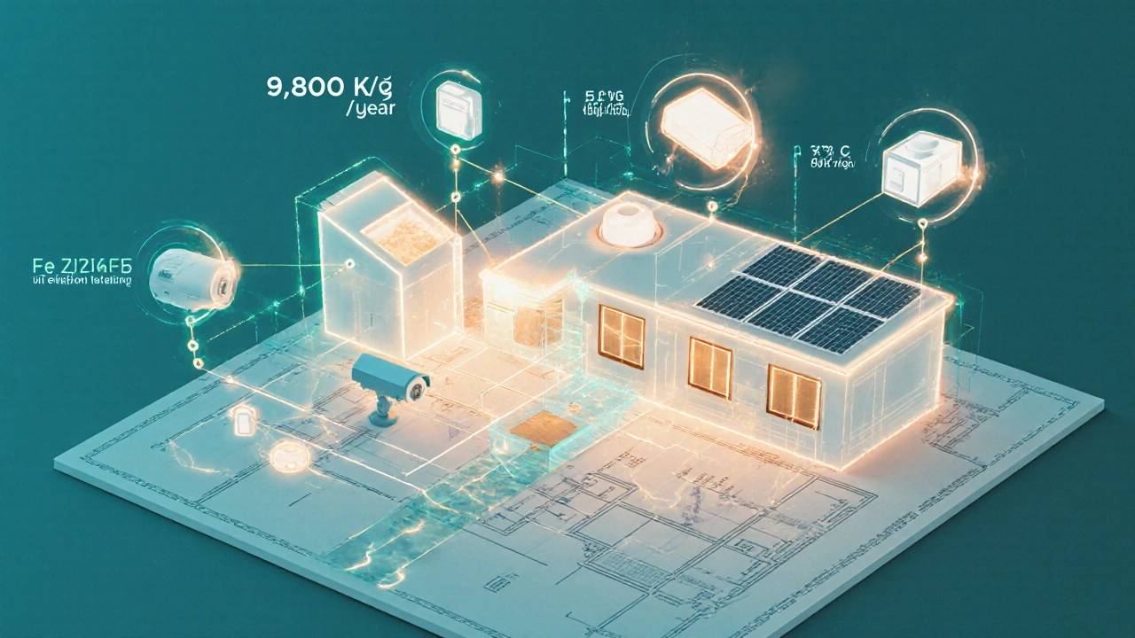 Schematické znázornění chytrého bydlení s propojenými zařízeními, datovými tokůmi a ukazateli úspor energie.