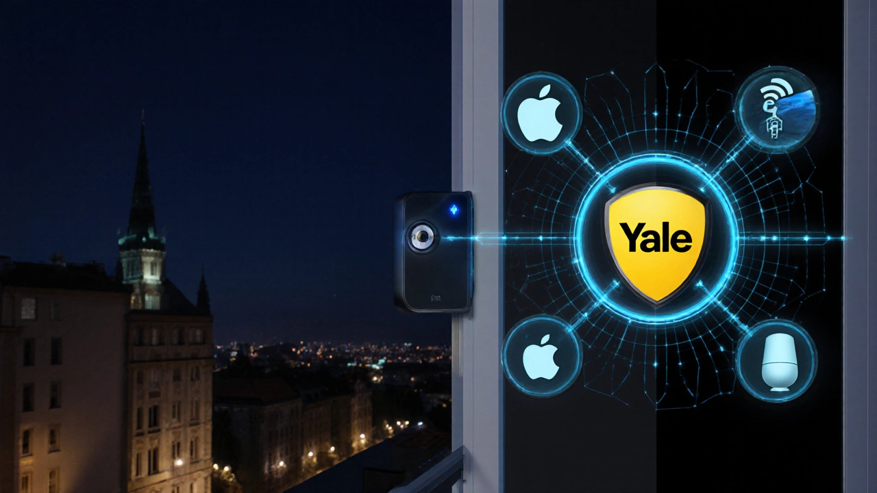 Smart lock with connected security icons and encryption shield in night setting.