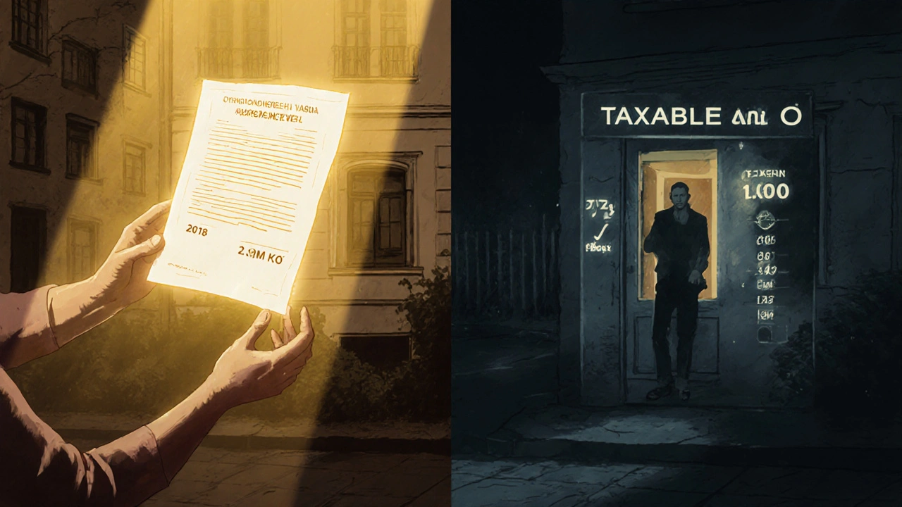 Split illustration showing inheritance appraisal value and reduced tax gain on property sale.