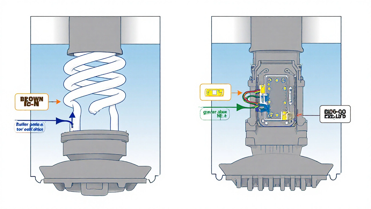 Srovnání vyměnitelné LED trubice a integrovaného LED modulu s označenými elektrickými připojeními.
