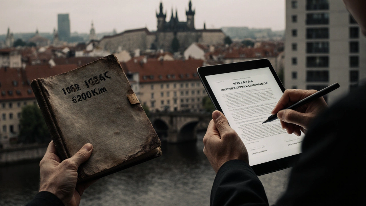 Staré ruce drží nájemní knížku, mladé ruce podepisují hypotéku, pozadí Praha.