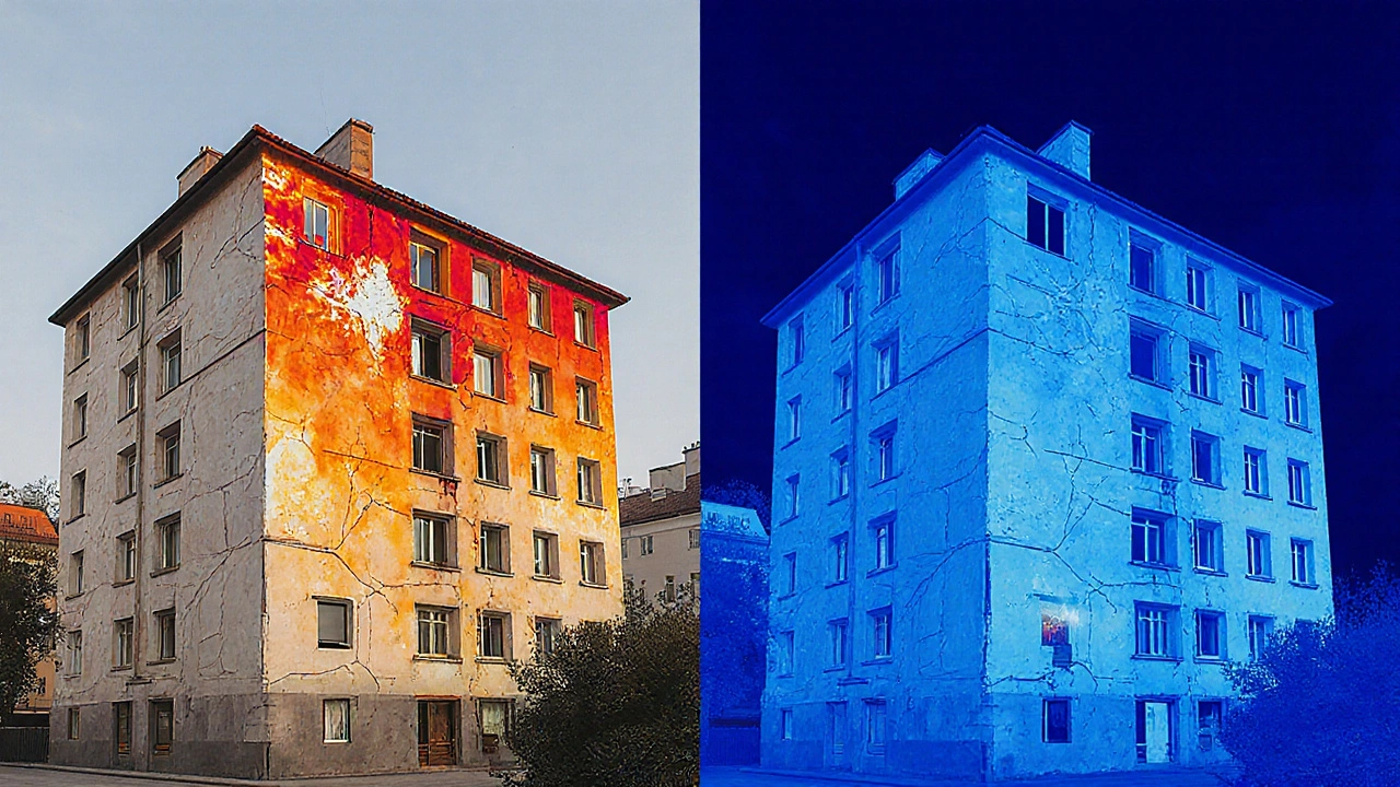 Starý dům s velkými tepelnými ztrátami vs. stejný dům po zateplení, tepelná kamera ukazuje rozdíl.