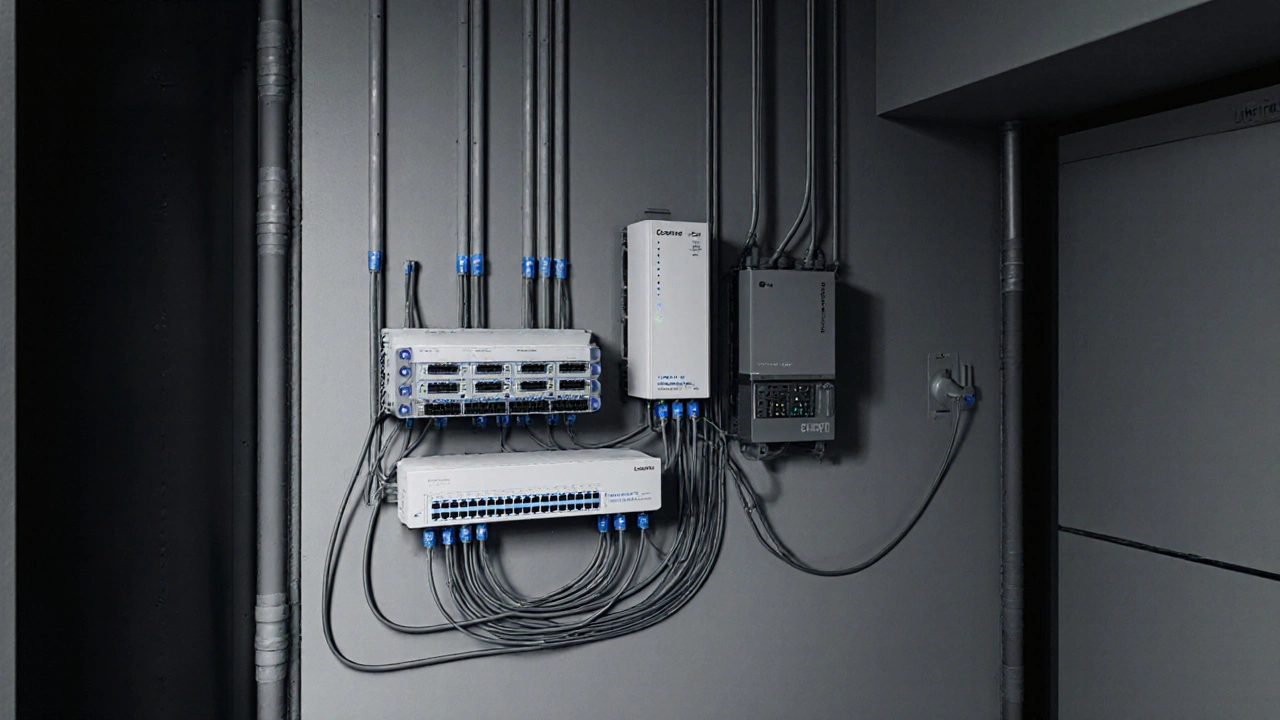 Technická místnost s centrální řídicí jednotkou, routerem a NAS zařízením pro chytrou domácnost.