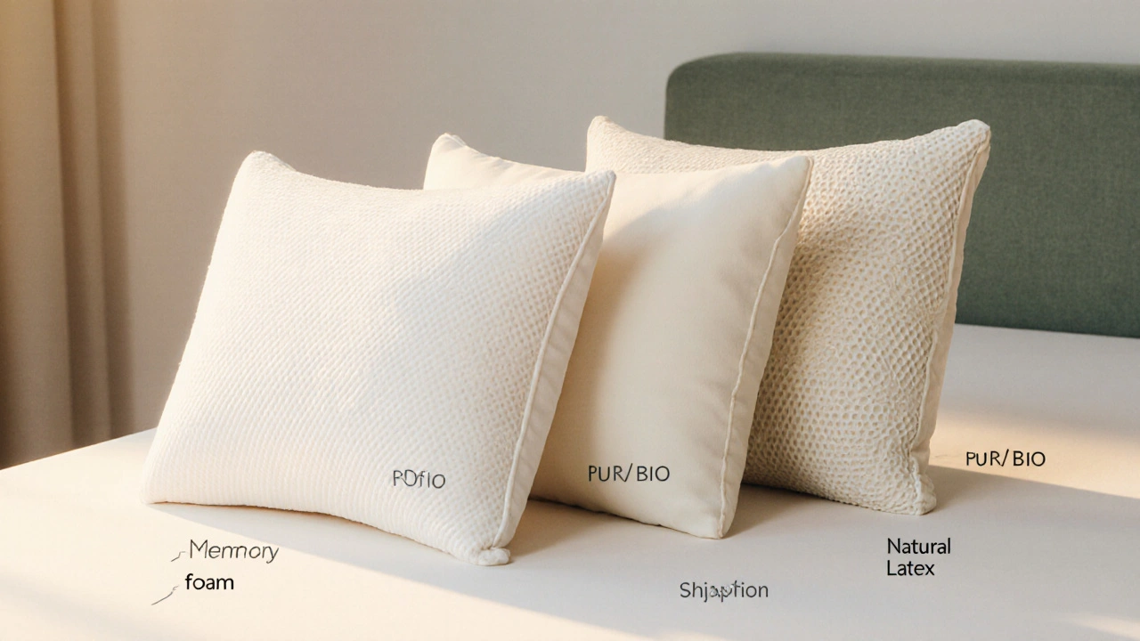 Tři typy anatomických polštářů vedle sebe: paměťová pěna, PUR pěna a latex s viditelnými větracími otvory.