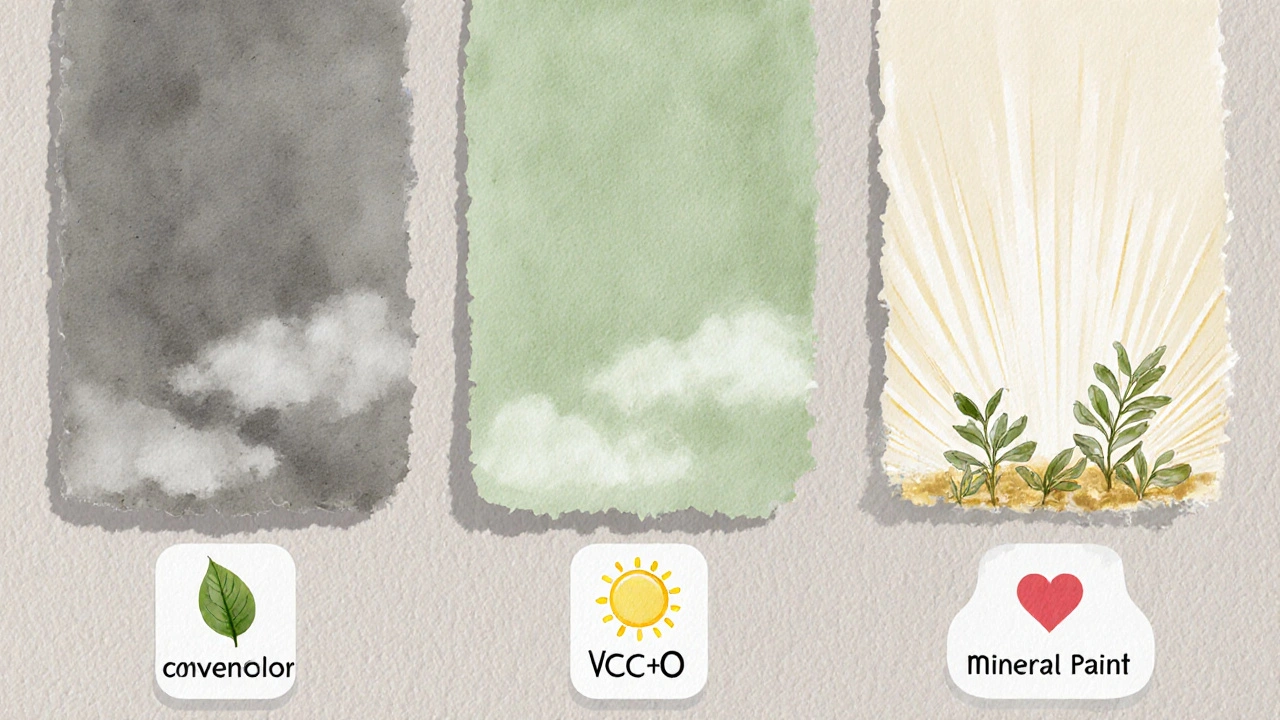 Tři typy nátěrů: běžný, nízkovocový a bezškodný, znázorněné vizuálně v pastelovém stylu.