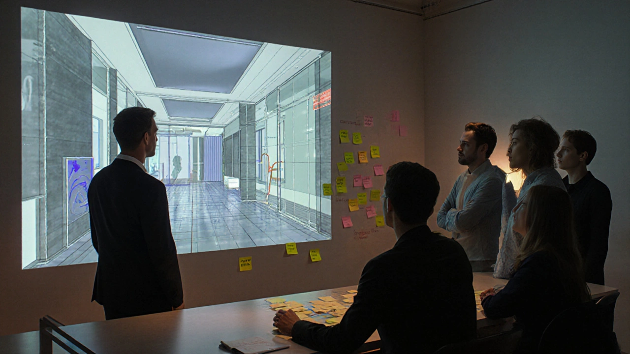 Tým navrhovatelů analyzuje 3D BIM model interiéru na obrazovce, kde je zobrazen konflikt potrubí a kabelů.