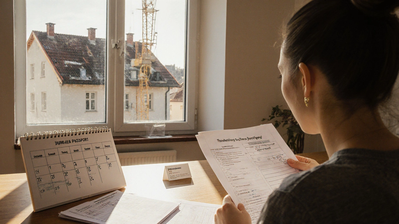 Vlastník domu přehlíží renovační pas na kuchyňském stole s kalendářem a formuláři dotací, venku se zatepluje střecha sousedního domu.