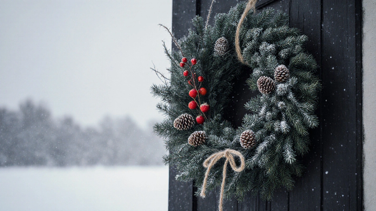 Zimní věnec z jehličí a šišek s jutovou stužkou na dveřích.