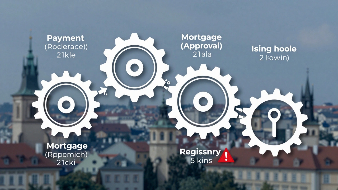 Časová osa s koly reprezentující kroky prodeje nemovitosti, jedno kolo je zablokované.