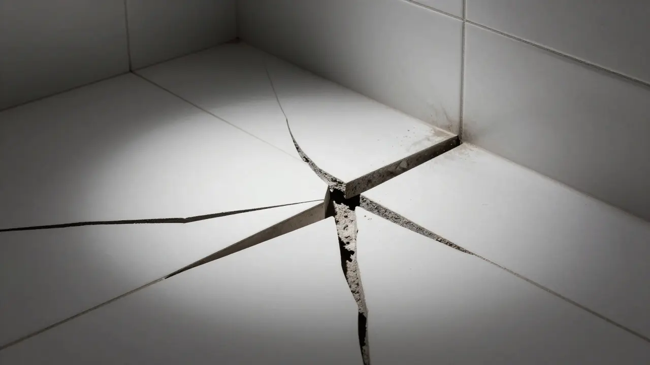 Cracked tile floor with narrow grout line versus properly spaced tiles near a wall.