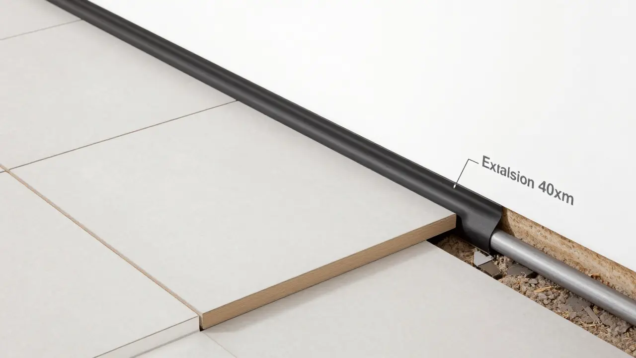 Cross-section of tiled floor showing heat expansion, grout line, and wall expansion joint.