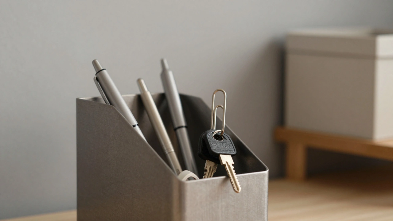 Detail kovového organizéru na tužky s pár klasickými předměty, na pozadí neutrální stěna a skrytý úložný box.