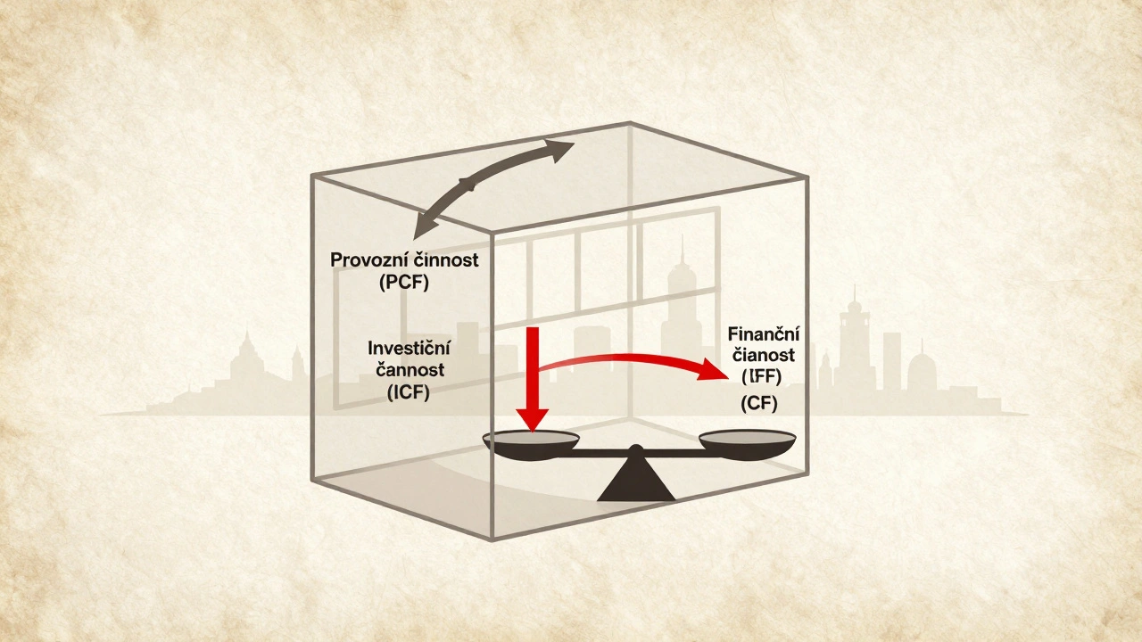 Diagram ukazující tok peněz mezi provozní, investiční a finanční činností realitního fondu.