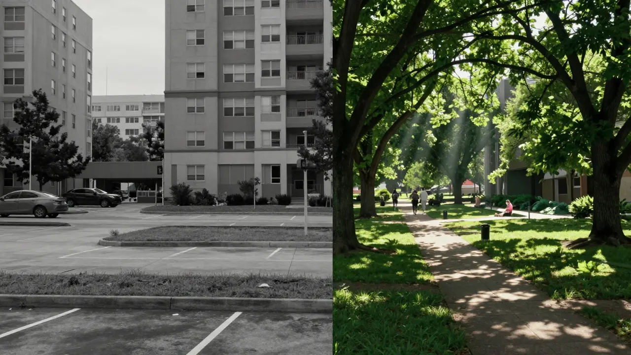 Dvě strany stejného domu: jedna bez zeleně, druhá s hustou zelení a lidmi v přírodě.