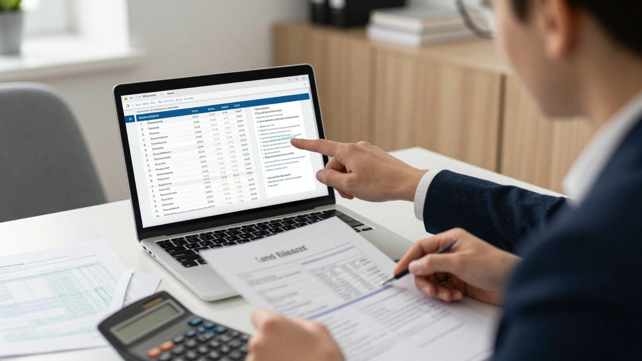 Finanční poradce ukazuje na bankovní výpisy a odhad nemovitosti u počítače.