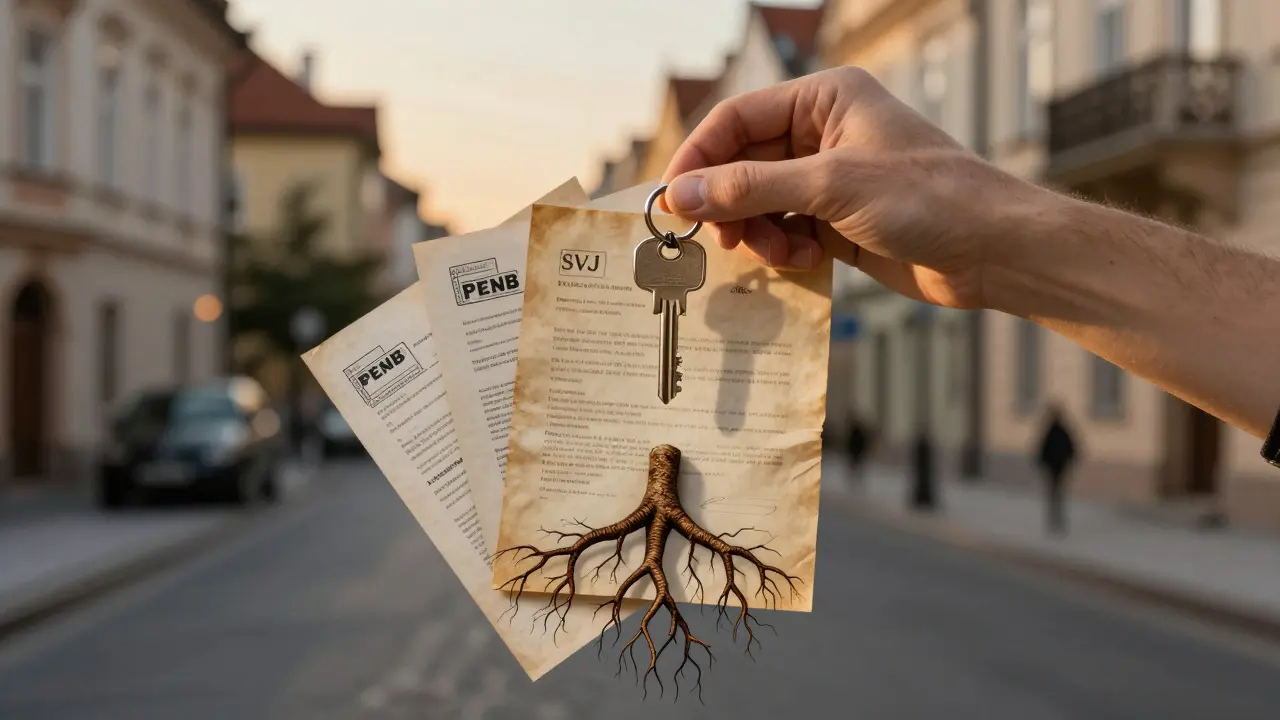 Klíč s dokumenty, které se mění v kořeny, symbolizující pevný základ úspěšného prodeje nemovitosti.