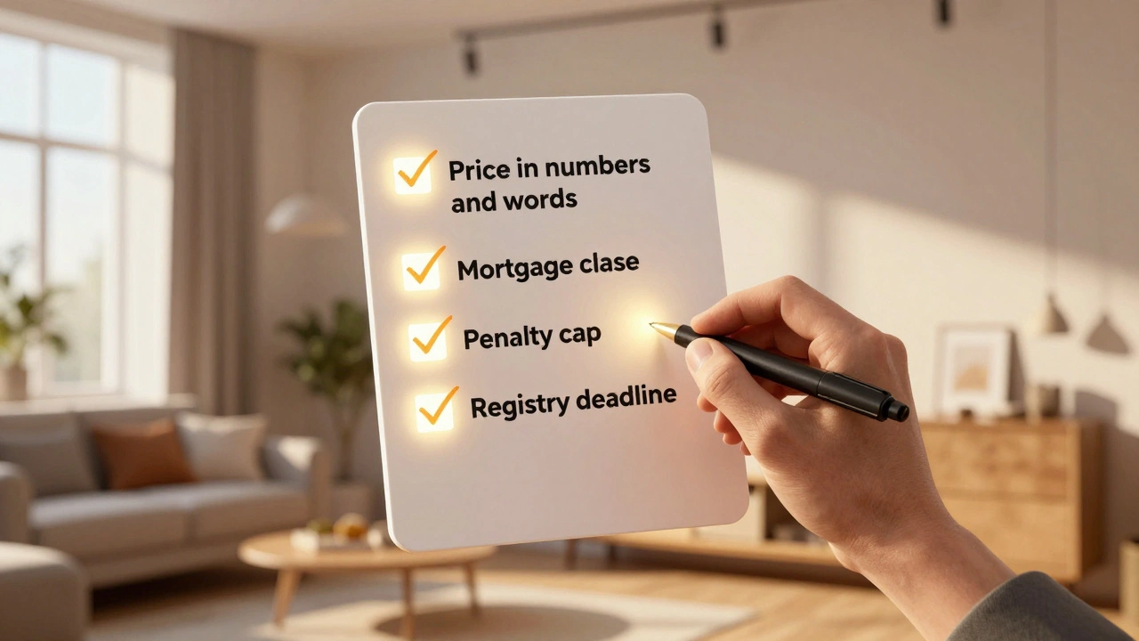 Kontrolní seznam s podmínkami kupní smlouvy visí nad bytem, jedna položka je zaškrtnutá.