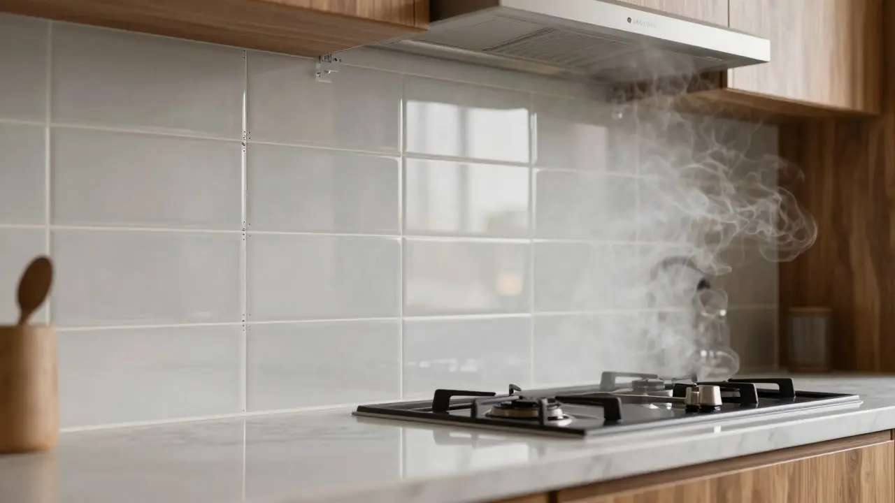 Kuchyňská stěna pokrytá obrovskými dlaždicemi 160x320 cm s hladkou, bezšvovou plochou a jemným odleskem.