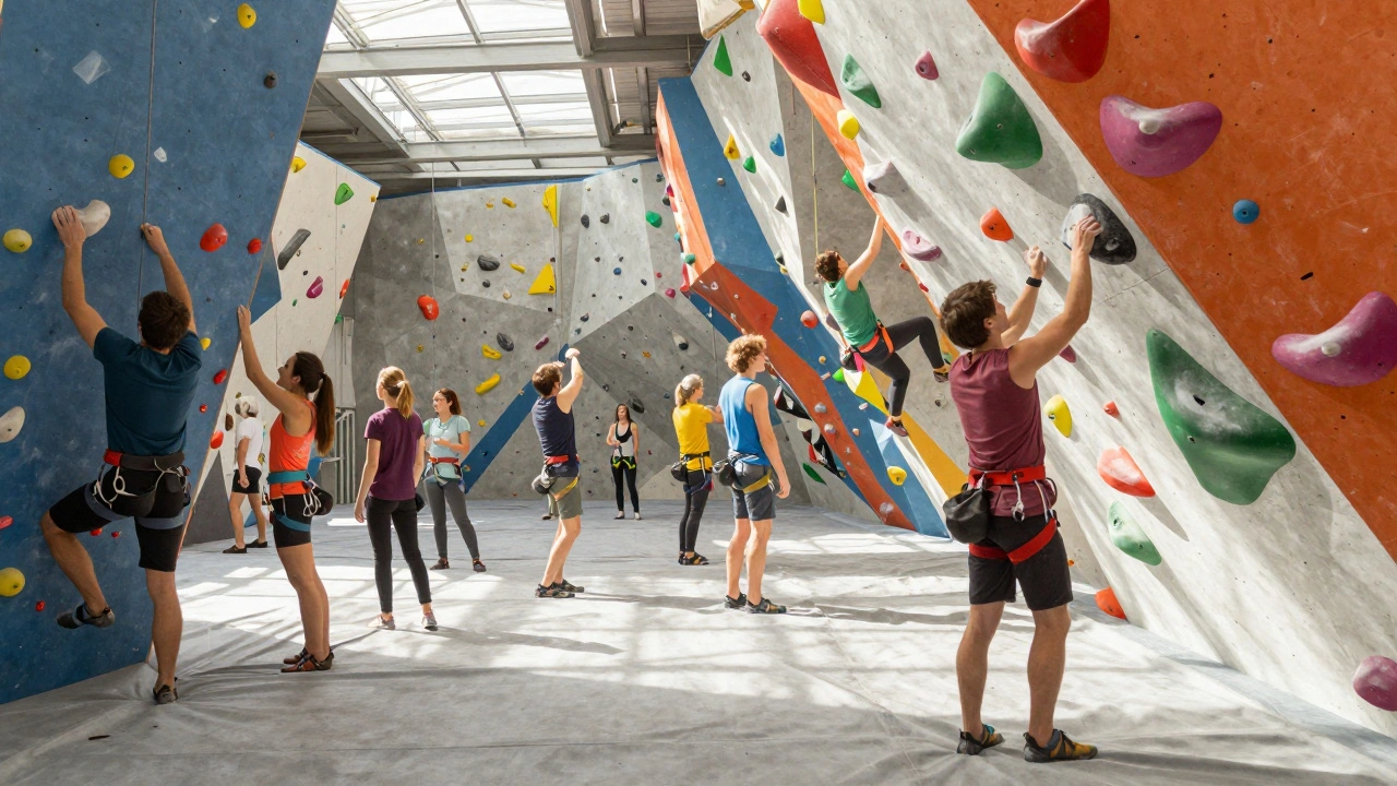 Lezecké centrum v Praze o víkendu plné návštěvníků čekajících a klimbujících na stěnách.