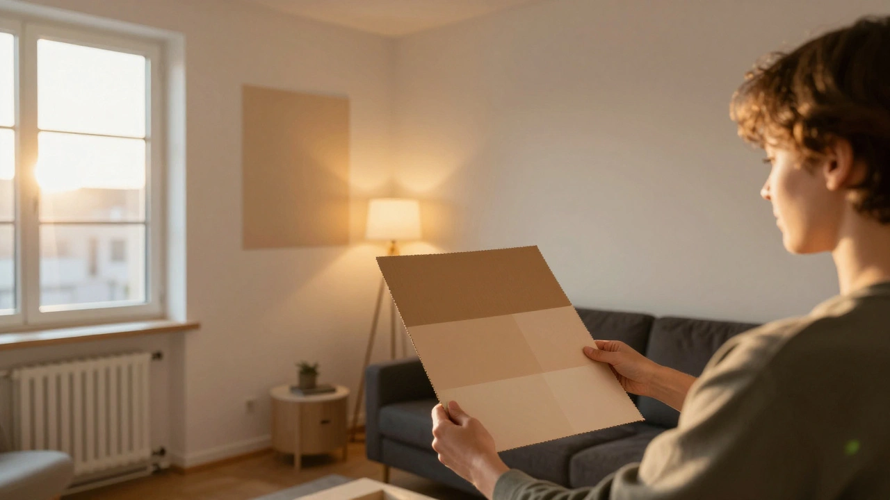 Osoba porovnává barvu na kartonu na různých místech místnosti při různém osvětlení.