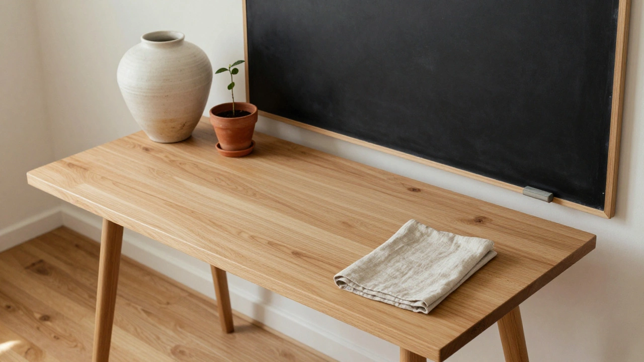 Pohled shora na minimalistickou pracovní plochu s tabulí, lampou a květinou, vše v klidném, bezpráškovém uspořádání.