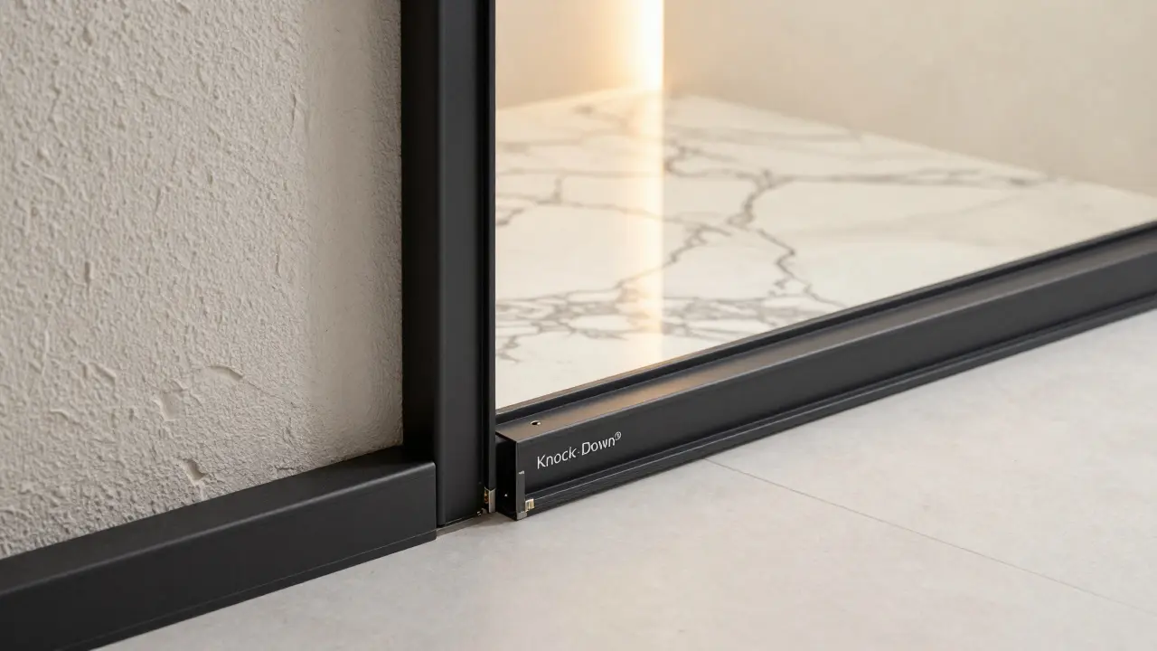 Precision-installed steel threshold frame with recycled ceramic wall and marble accent.