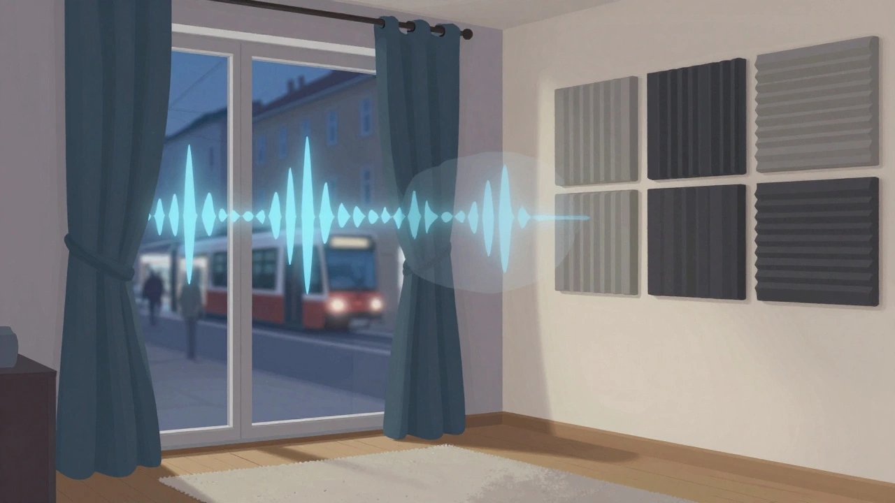 Průřez bytem ukazující, jak akustické prvky tlumí uliční hluk a zachovávají klid ve spálni.