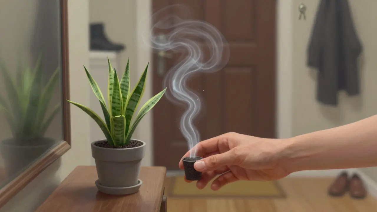 Ruka klade Sansevierii u dveří, z ní vystupují čisté proudy vzduchu, které odstraňují škodlivé částice.