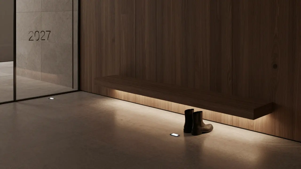 Smart entrance hall with hidden shoe storage and adaptive lighting, maintaining minimalist aesthetics.