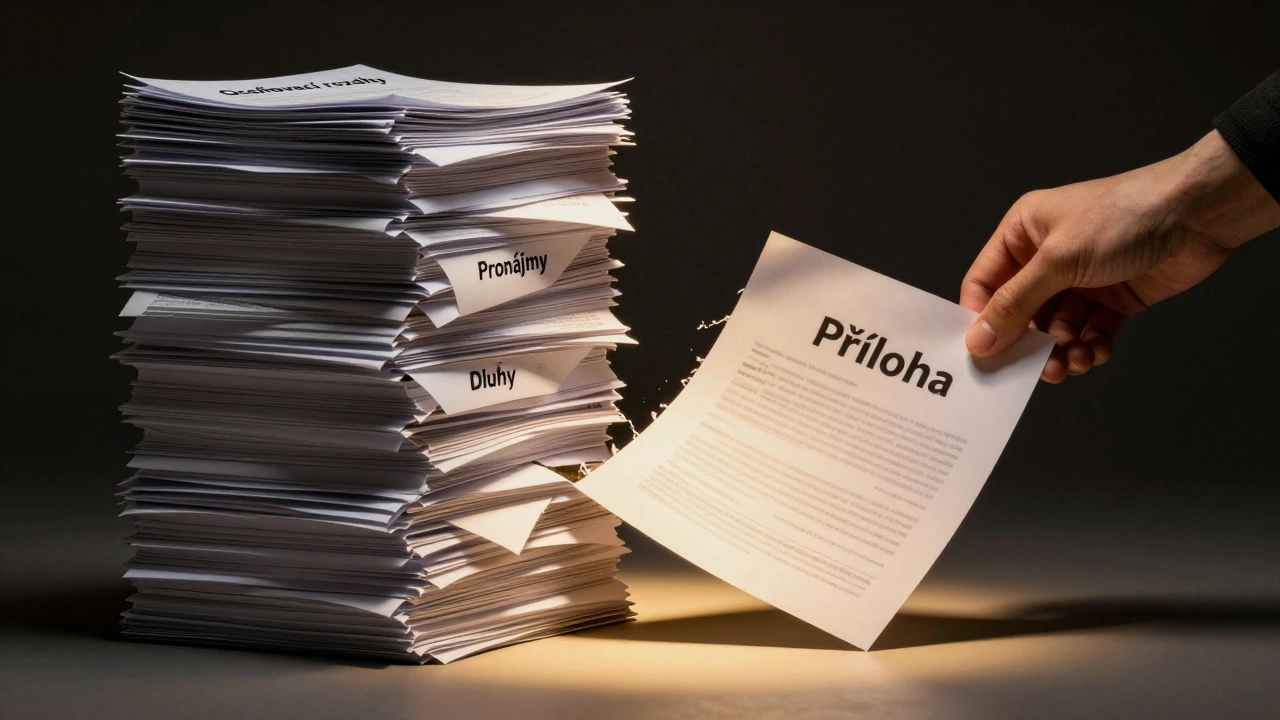 Symbolická scéna s hroutící se věží finančních dat, kde příloha závěrky zachraňuje investici.