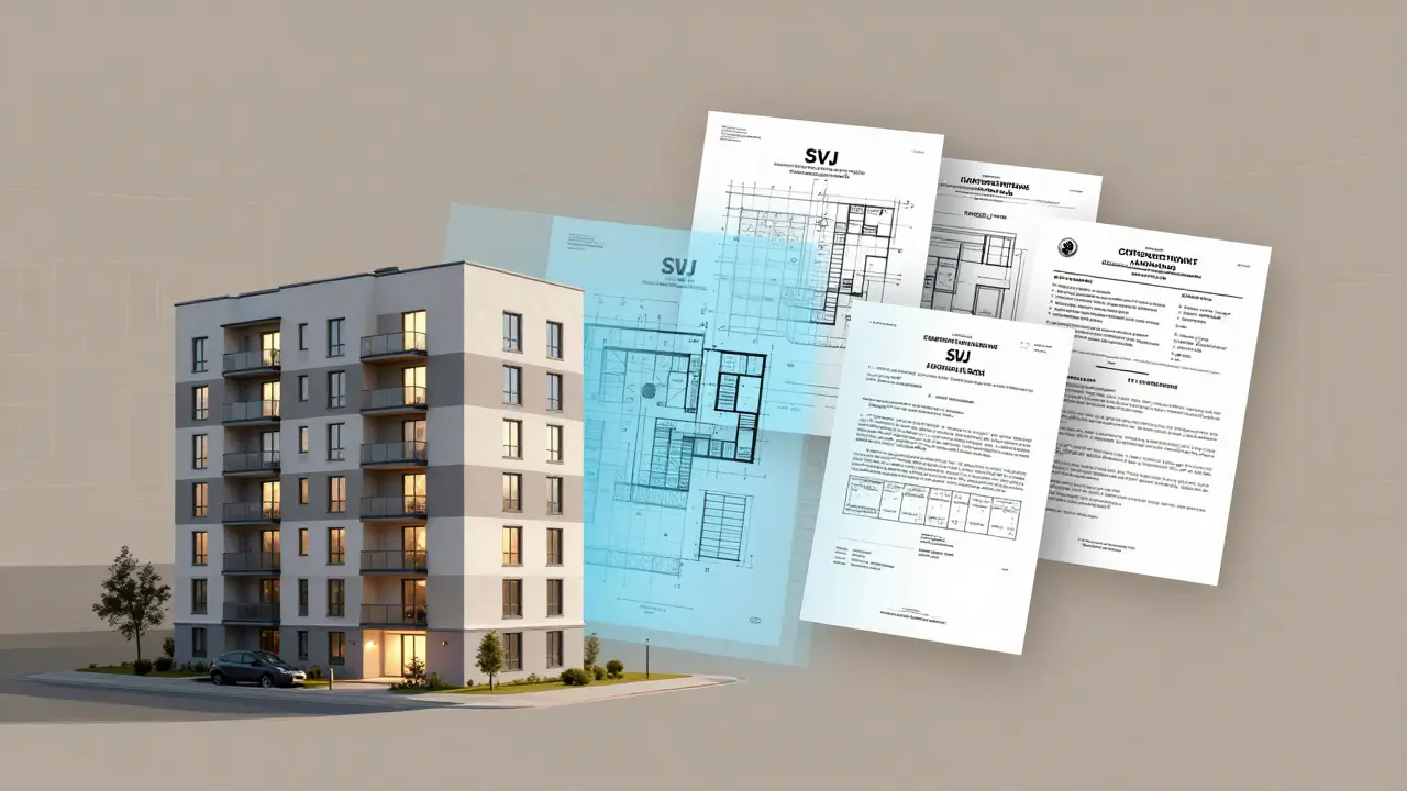 Technické dokumenty jako průhledné vrstvy nad českou bytovou budovou, symbolizující právní základ prodeje.