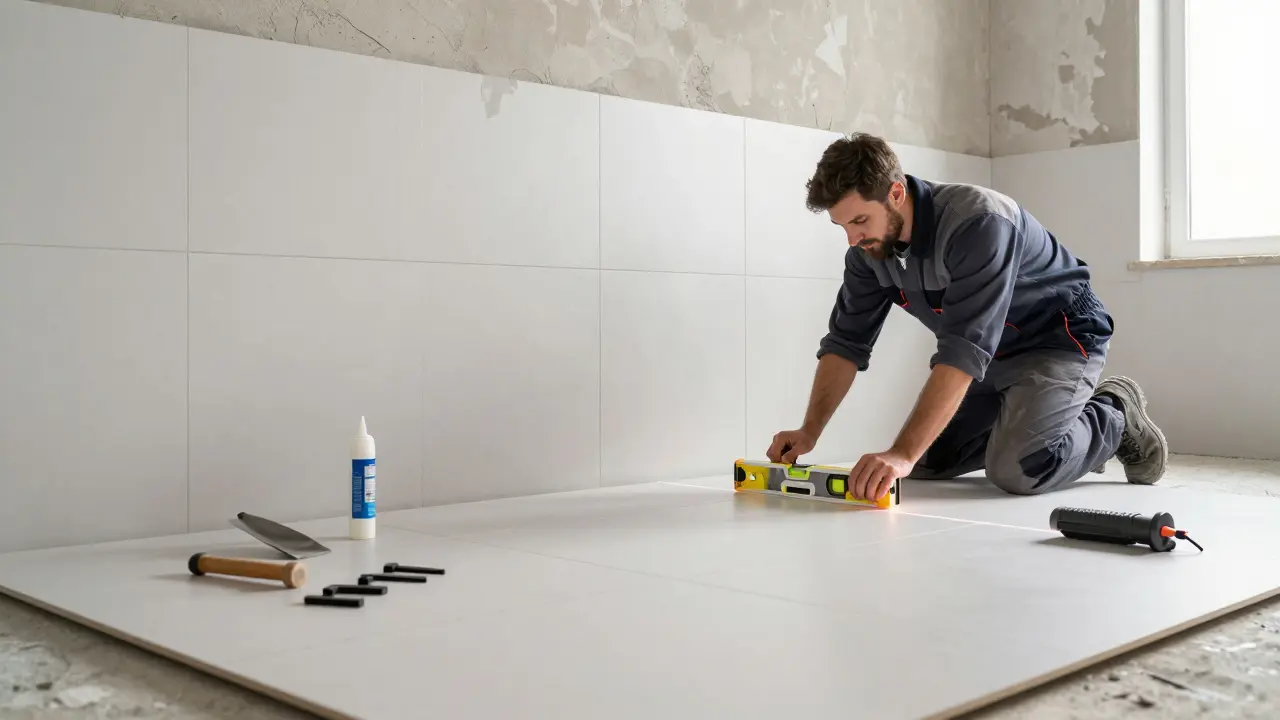 Technik měří rovinnost podkladu před instalací velkoformátových obkladů, důraz na přípravu povrchu.