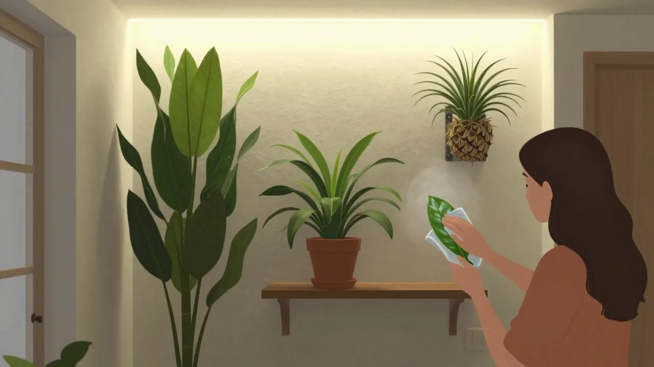 Tři rostliny v chodbě: Dracaena, Chlorophytum a Tillandsia s LED osvětlením a ženou, která otírá listy.