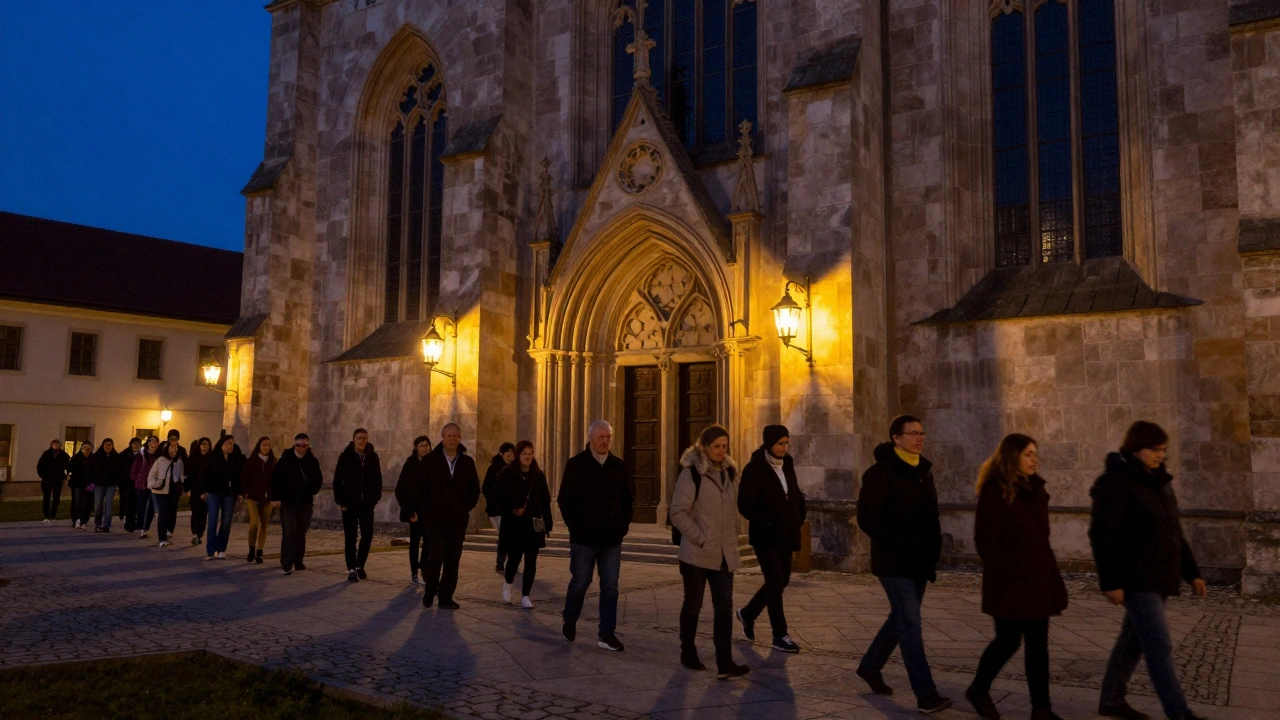 Večerní prohlídka kostela v Kašperských Horách s velkou skupinou návštěvníků pod osvětlením lantern.