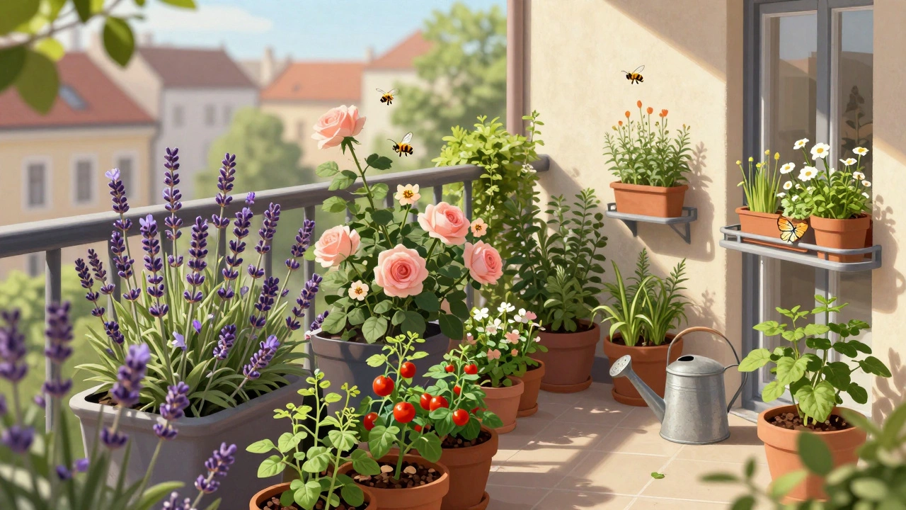 Zelený balkon s levandulí, růžemi a rajčaty, opřený o zábradlí, s včelami a motýli létajícími mezi květy.