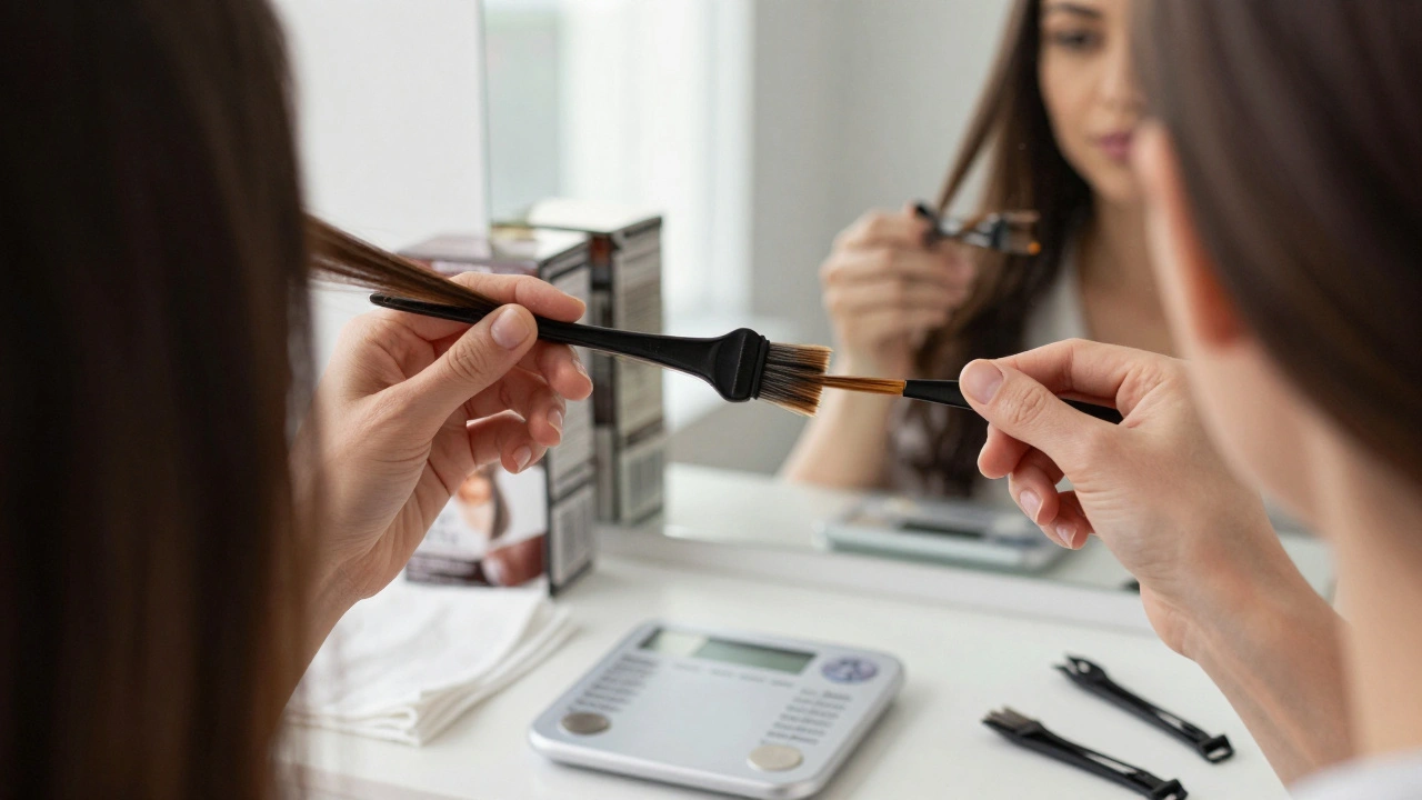 Žena testuje barvení vlasů na malém proužku vlasů za uchem při přirozeném světle.
