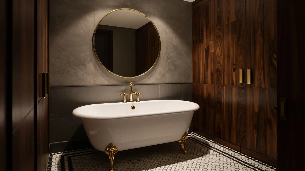 Art Deco koupelna s šestiúhelníkovou mozaikou, zlatými armaturami a velkým zrcadlem v zlatém rámu.