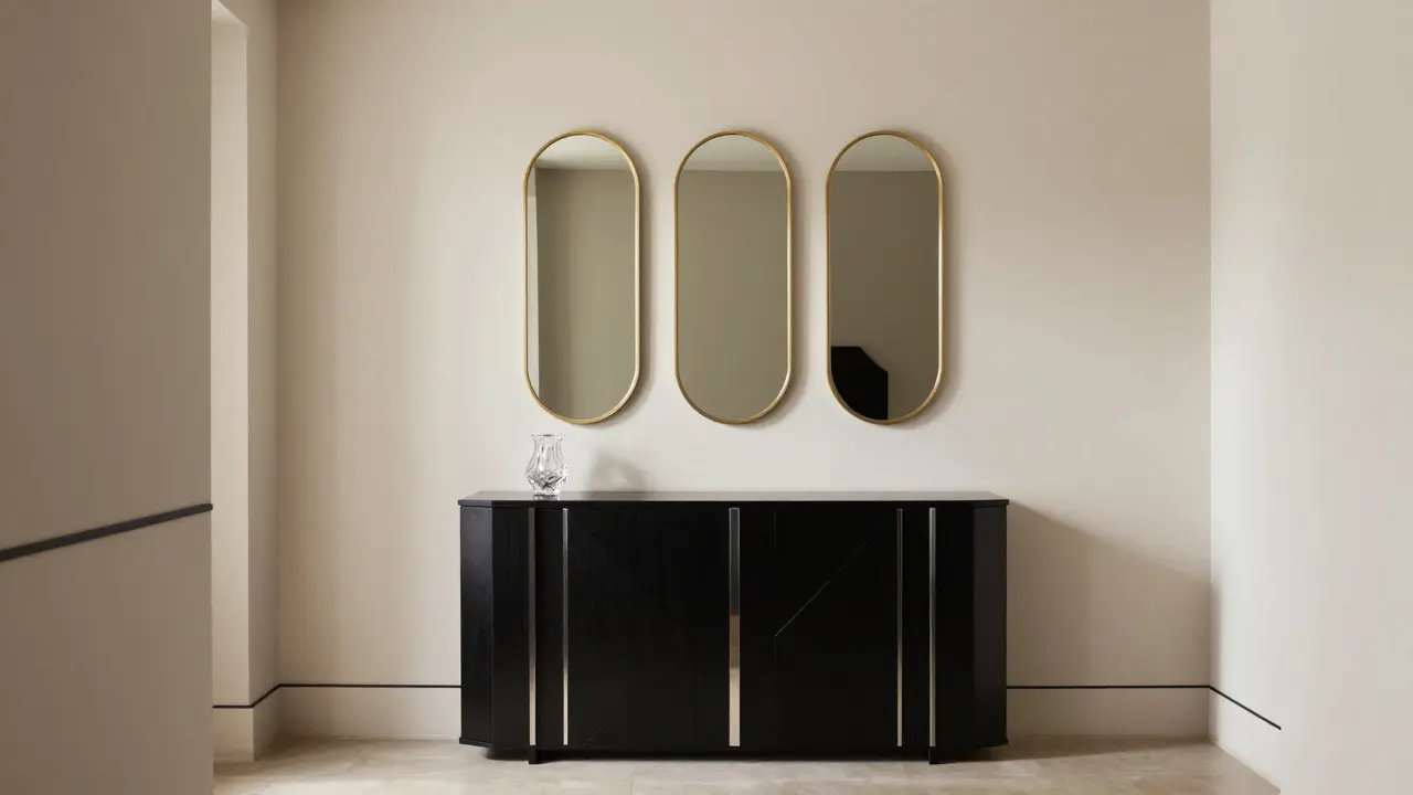 Art Deco vstupní prostor s mahagonovým konzolovým stolem, zlatými detaily a třemi zrcadly v řadě.