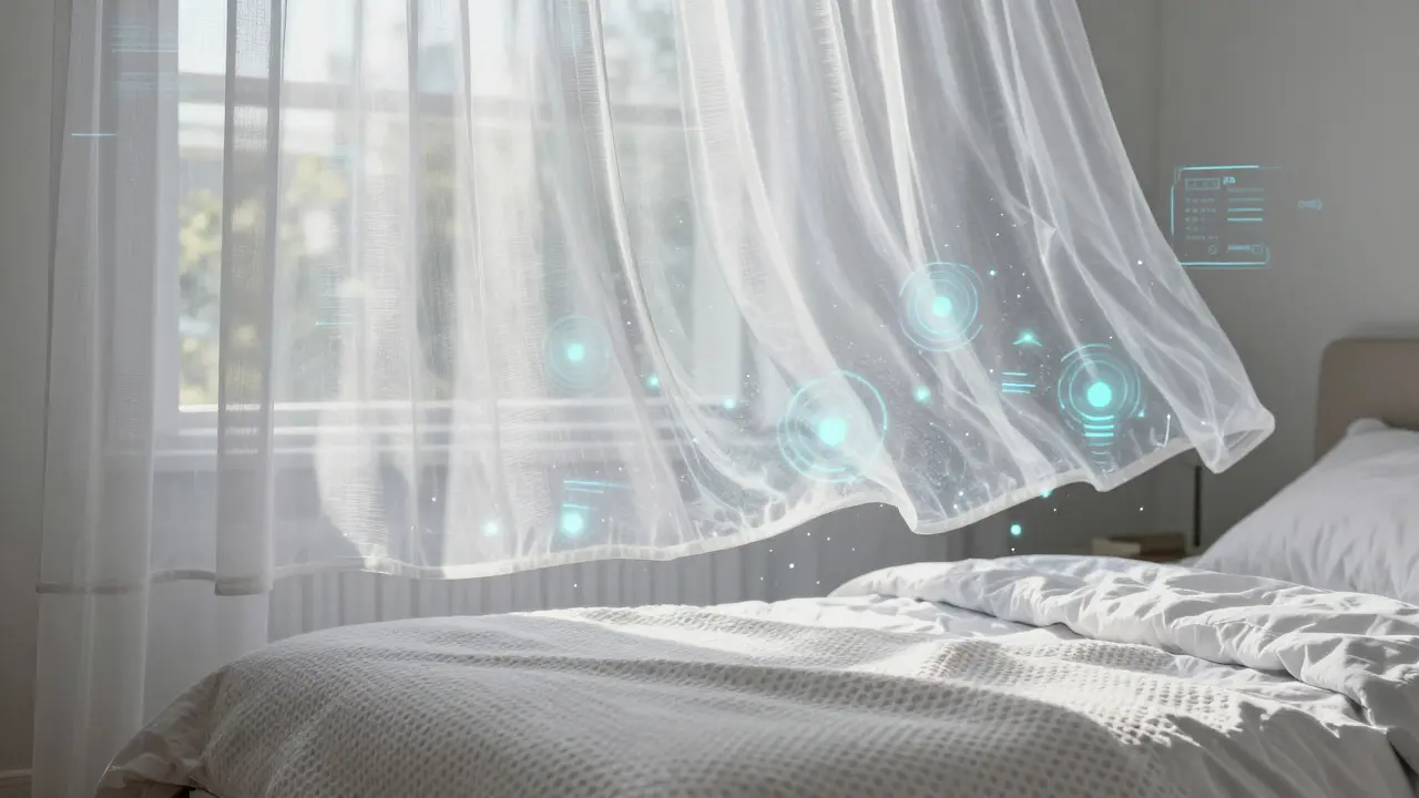 Chytrá textilie s fotokatalytickými částicemi reagujícími na světlo nad postelí s mikrovláknem.