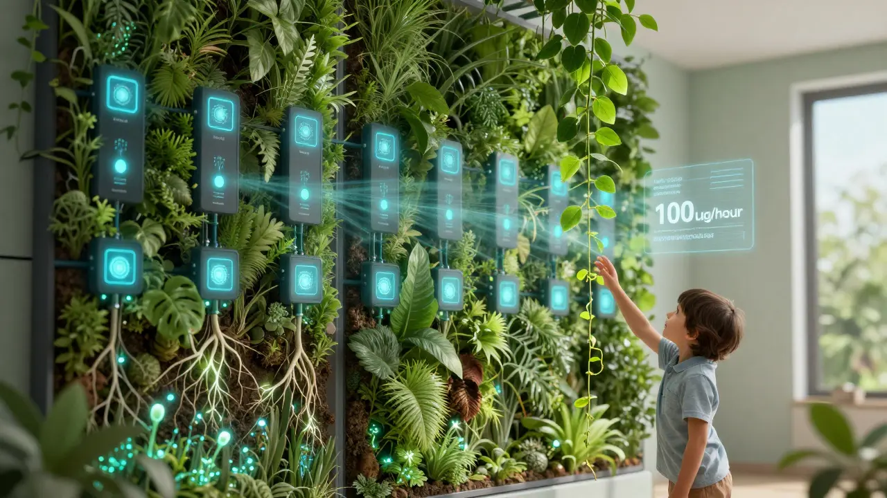 Chytrá zelená stěna s čidly a LED osvětlením, která čistí vzduch a sleduje vlhkost.