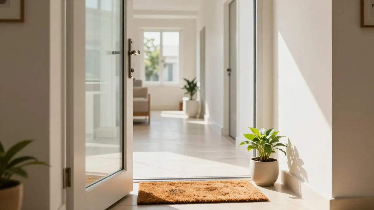 Detail čistého vchodu do bytu s polírovanými dveřmi a květinou u vstupu.