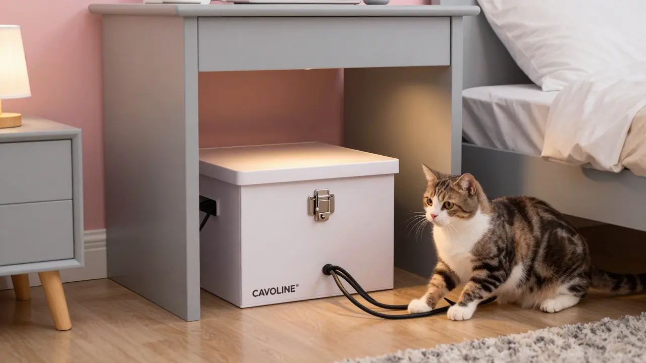 Dítě a kočka v dětské pokoji, kabely jsou skryté v bezpečném boxu pod stolem.