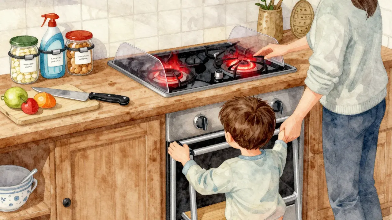 Dítě stojí na bezpečném stupátku u sporáku s ochrannou mřížkou, rodič ho dohlíží.